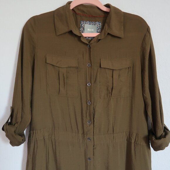 Anthropologie Maeve Olive Army Green Midi Drawstring Shirt Dress Size 4 Small - Picture 4 of 14